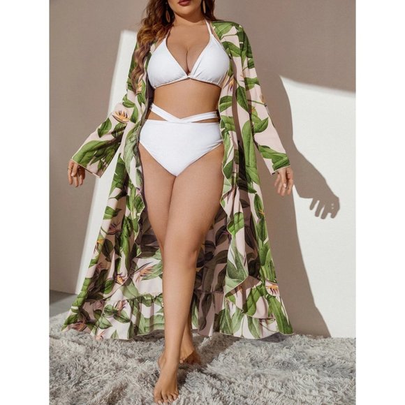 Green Boho Womens Tropical Print Belted Kimono - Picture 4 of 7